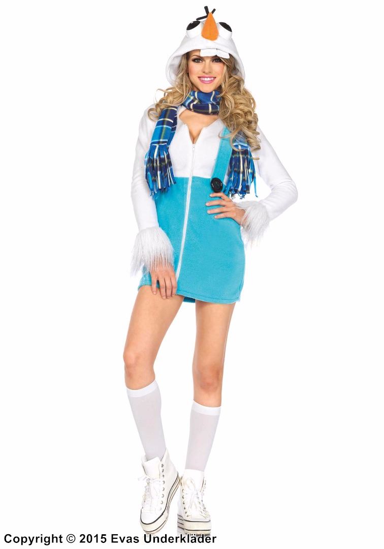 Female Olaf the Snowman from Frozen, costume dress, hood, front zipper, buttons, suspenders